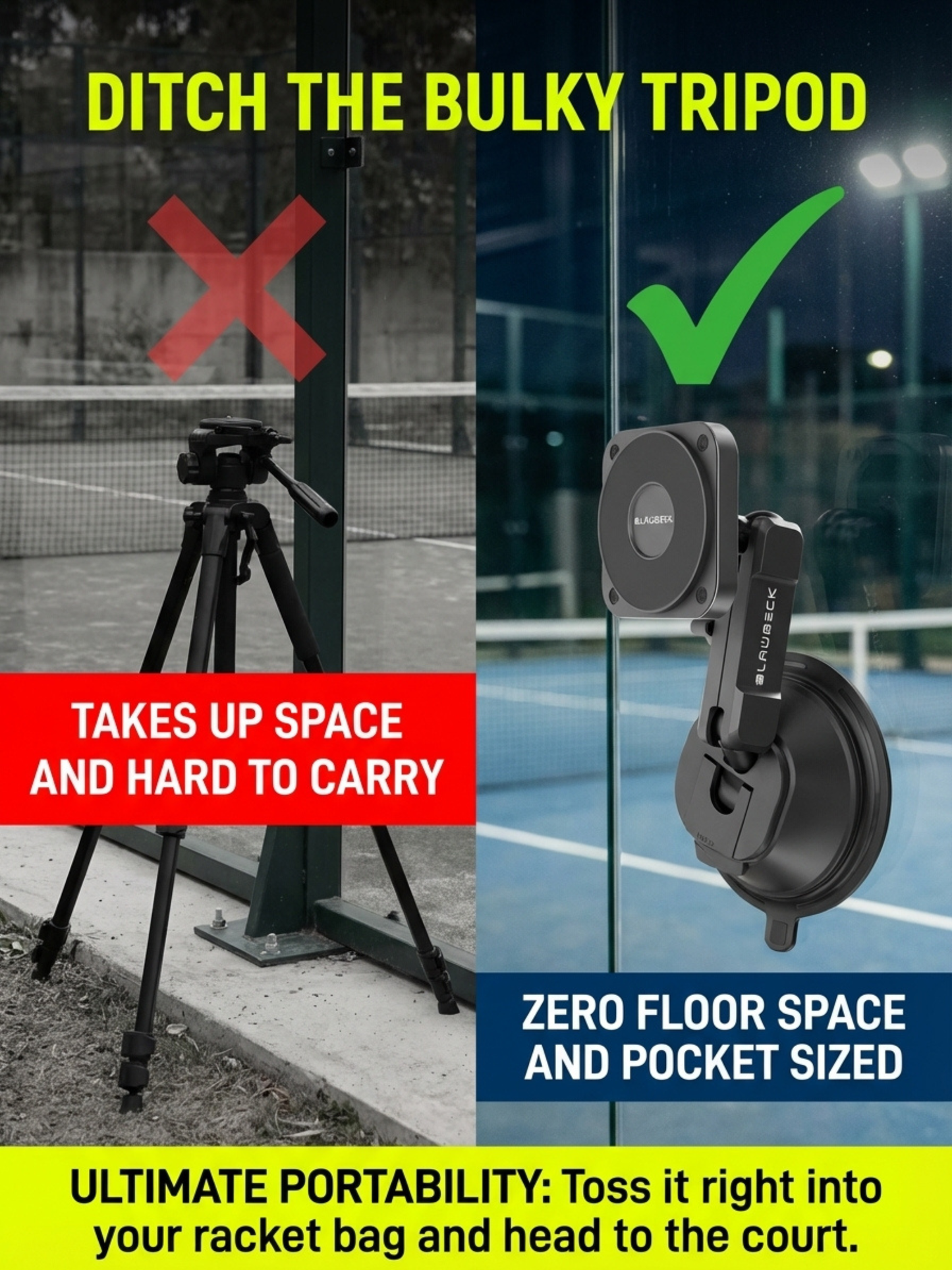 Padel Phone Holder for Glass Courts – MagSafe Compatible with Double Suction Cup & Aluminum Arm