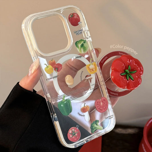 Korean Vegetable 3D Cartoon Tomato Bracket Magnetic Phone Case For iPhone