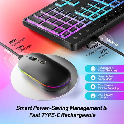 Rechargeable Silent Wireless Keyboard & Mouse Combo - 106 Keys, RGB Backlight
