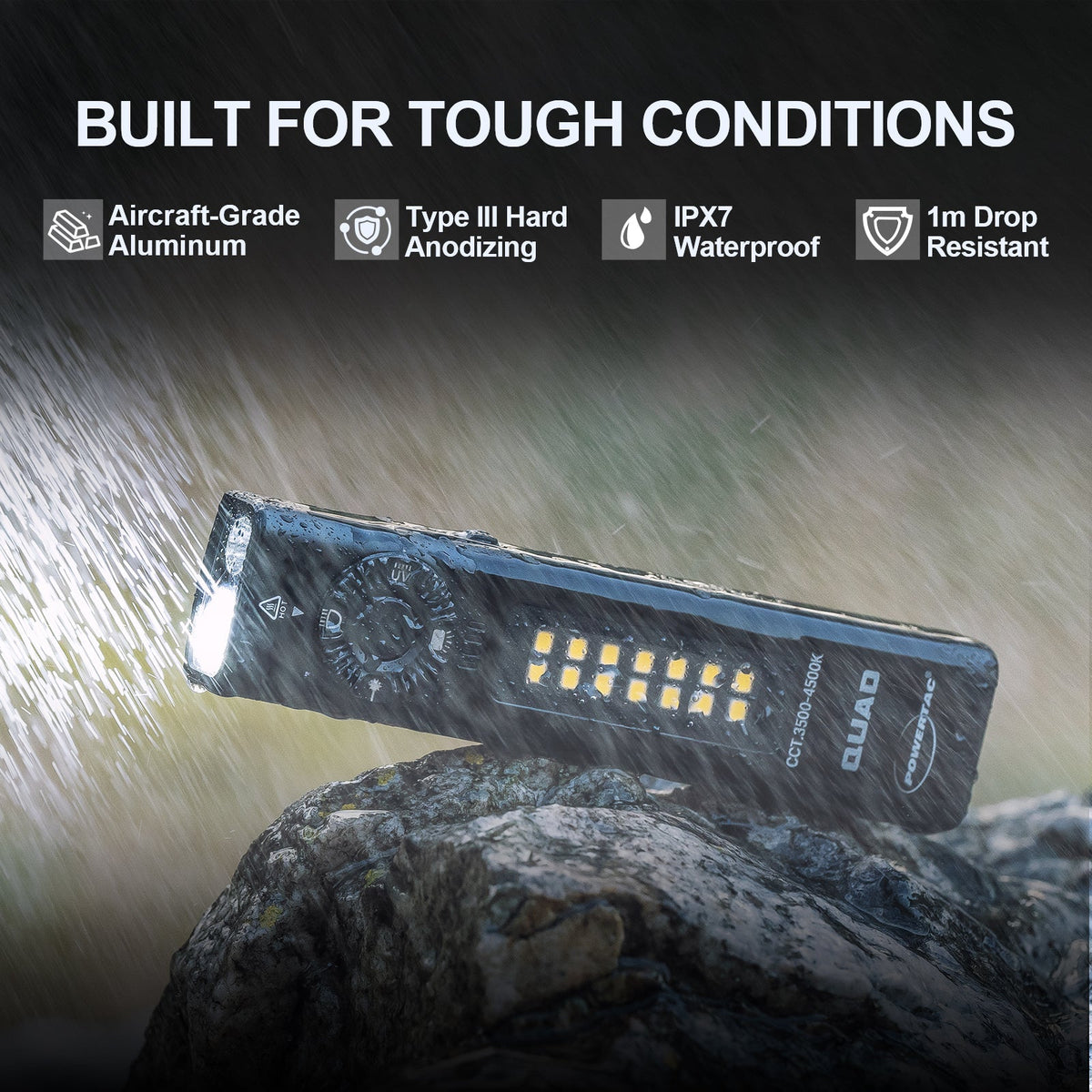 POWERTAC QUAD 2000 Lumen Flashlight | 4-in-1 Flat Design | USB-C Rechargeable | Green Laser + UV + Warm Side Light | Brightest Multi-Beam Tactical Light
