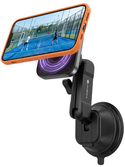 Padel Phone Holder for Glass Courts – MagSafe Compatible with Double Suction Cup & Aluminum Arm