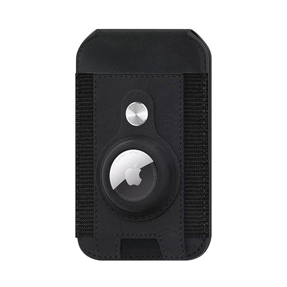 iPhone Black Leather Wallet Case with AirTag Holder & Stand - MagSafe | Indy Series