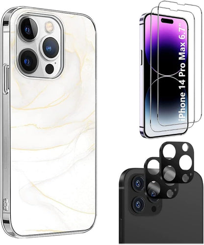 White Marble Series Case with Tempered Glass Screen and Camera Protector - iPhone 14 Pro Max