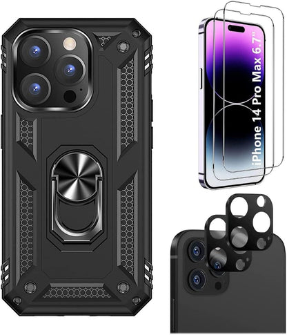 iPhone 14 Pro Max 6.7-inch Protection Kit Bundle - Military Kickstand Series Case with Tempered Glass Screen and Camera Protector - Black