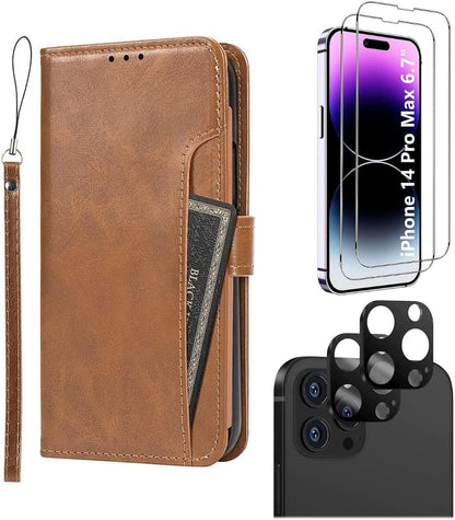 iPhone 14 Pro Max Protection Kit Bundle - Leather Folio Wallet Case with Tempered Glass Screen and Camera Protector (Brown)