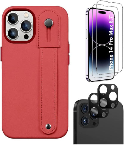 iPhone 14 Pro Max 6.7-inch Protection Kit Bundle - FingerGrip Series Case with Tempered Glass Screen and Camera Protector (Red)