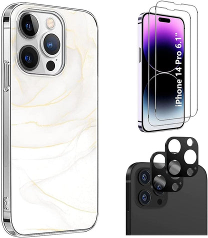 White Marble Series Case with Tempered Glass Screen and Camera Protector - iPhone 14 Pro