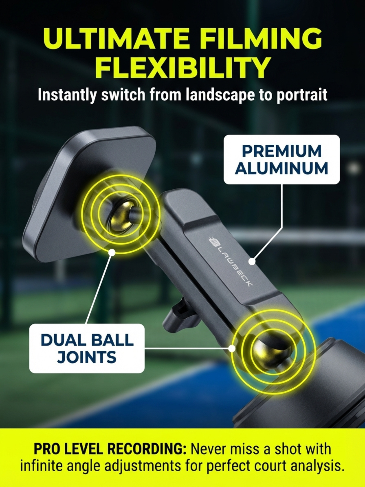 Padel Phone Holder for Glass Courts – MagSafe Compatible with Double Suction Cup & Aluminum Arm