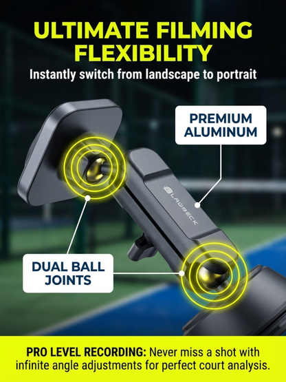 Padel Phone Holder for Glass Courts – MagSafe Compatible with Double Suction Cup & Aluminum Arm