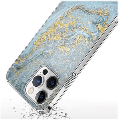 iPhone 14 Pro Max 6.7-inch Protection Kit Bundle - Marble Series Case with Tempered Glass Screen and Camera Protector (Blue Marble)