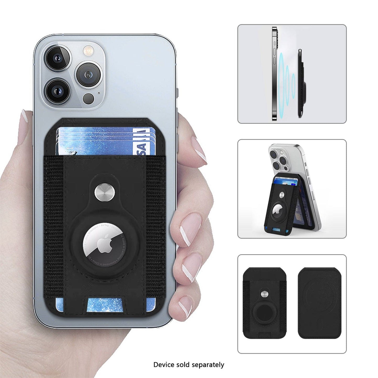 iPhone Black Leather Wallet Case with AirTag Holder & Stand - MagSafe | Indy Series