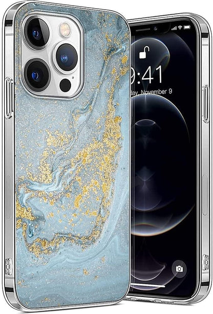 iPhone 14 Pro Max 6.7-inch Protection Kit Bundle - Marble Series Case with Tempered Glass Screen and Camera Protector (Blue Marble)