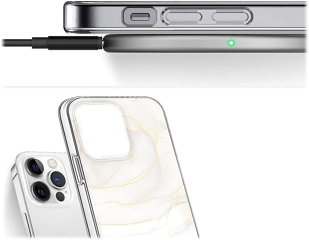 White Marble Series Case with Tempered Glass Screen and Camera Protector - iPhone 14 Pro