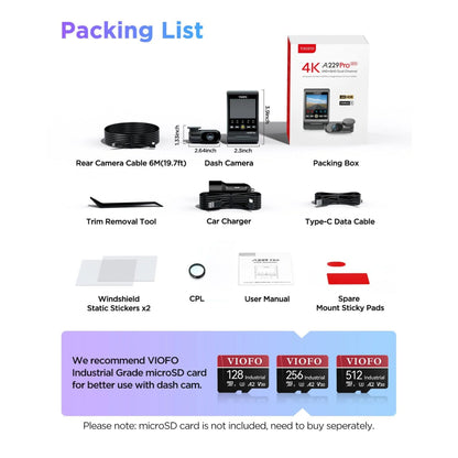 VIOFO A229 Pro 2-Channel 4K HDR Sony STARVIS 2 Front and Rear Dash Cam