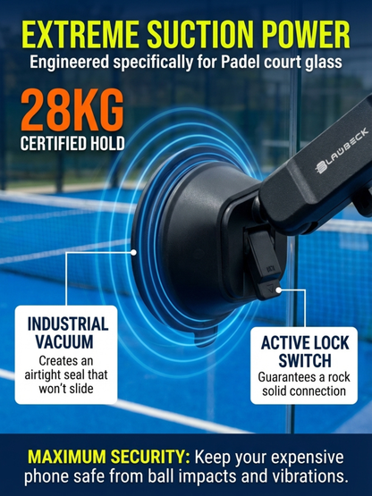 Padel Phone Holder for Glass Courts – MagSafe Compatible with Double Suction Cup & Aluminum Arm