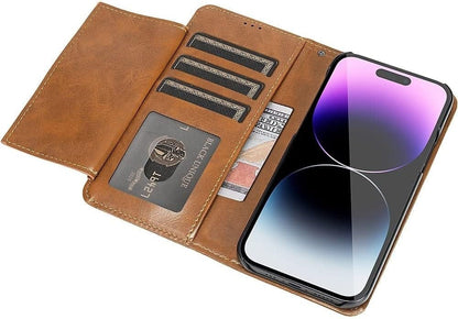 iPhone 14 Pro Max Protection Kit Bundle - Leather Folio Wallet Case with Tempered Glass Screen and Camera Protector (Brown)
