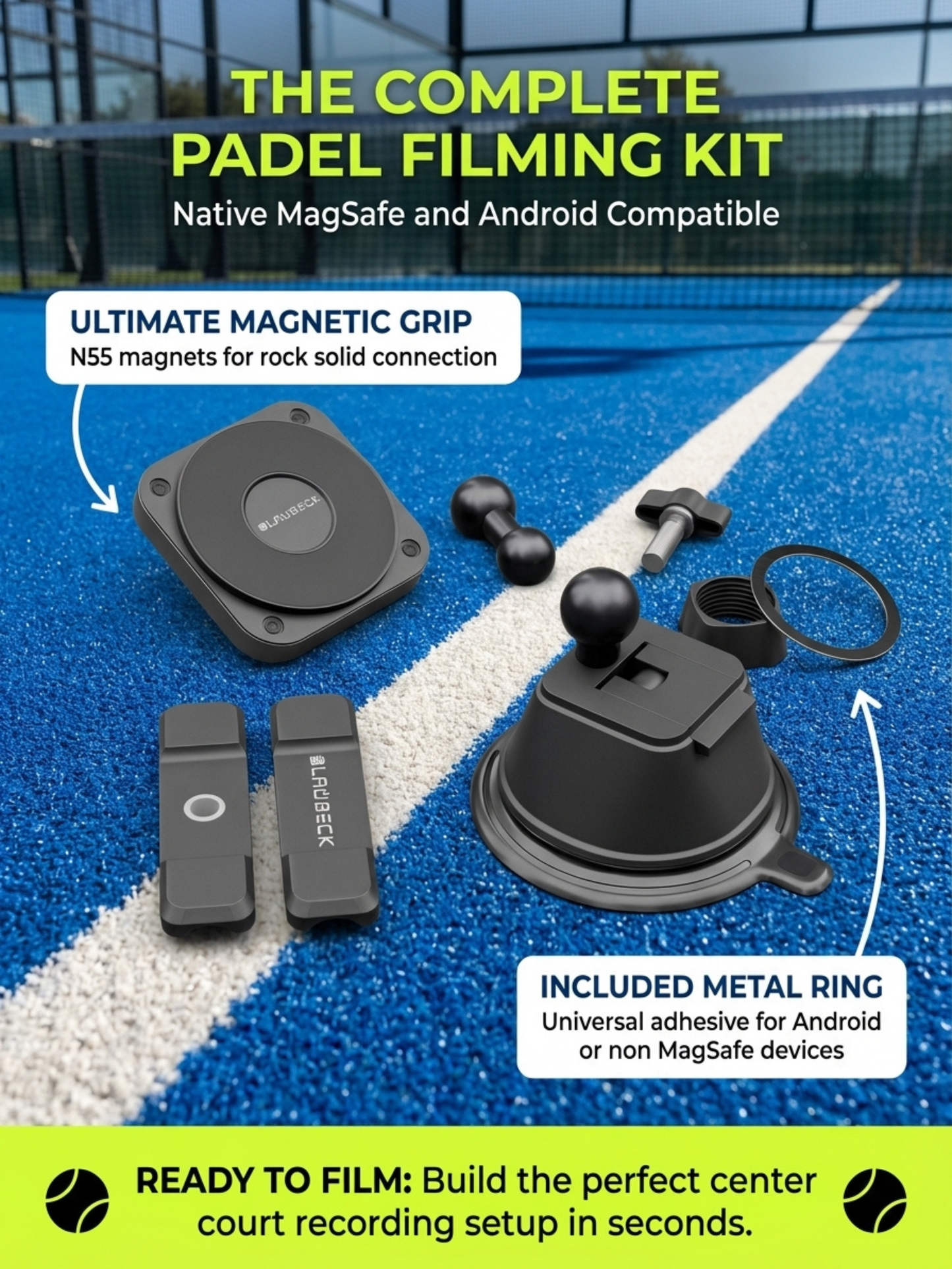 Padel Phone Holder for Glass Courts – MagSafe Compatible with Double Suction Cup & Aluminum Arm