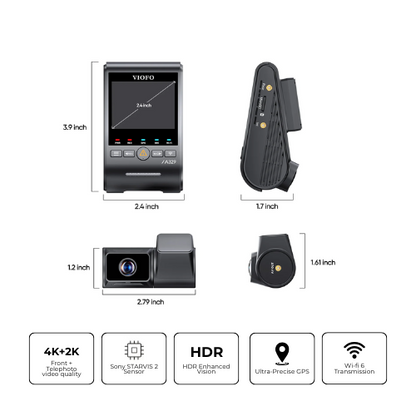 VIOFO A329T 4K+2K 2-Channel 60FPS Wi-Fi 6 Dash Cam