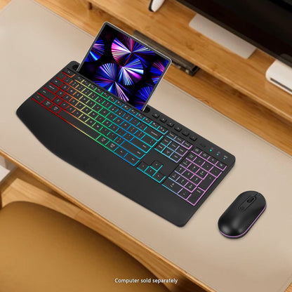 Rechargeable Silent Wireless Keyboard & Mouse Combo - RGB Backlight, Phone Holder