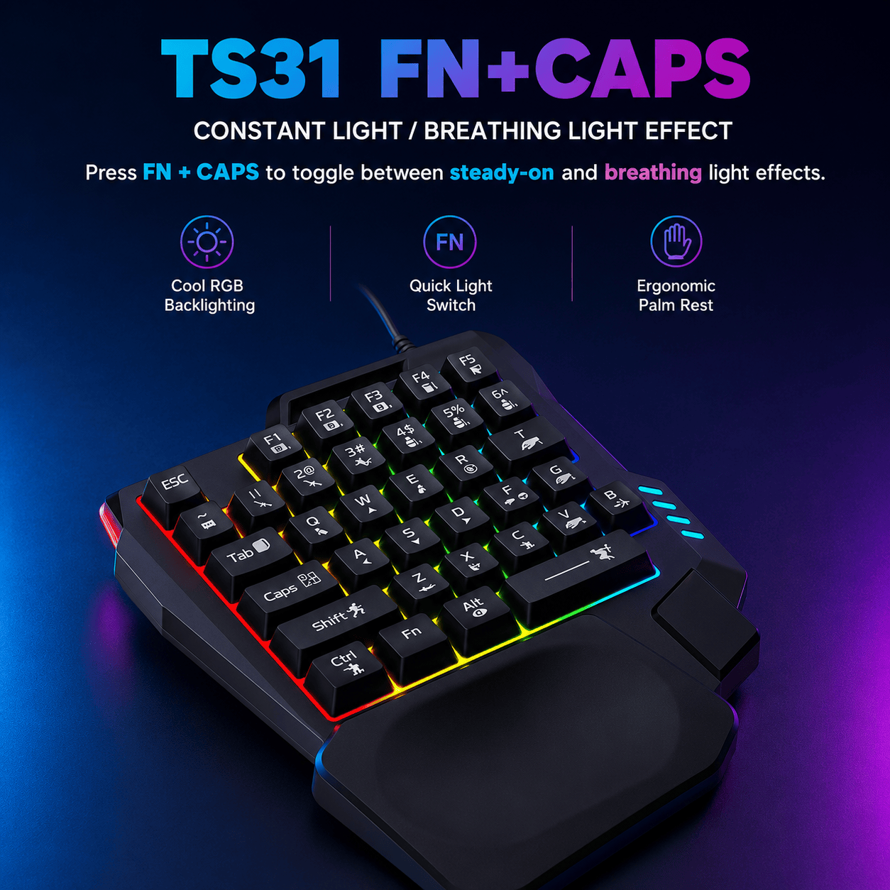 Ergonomic Wired Gaming Keyboard - LED Rainbow Backlight, 35-Key | Ultima Series