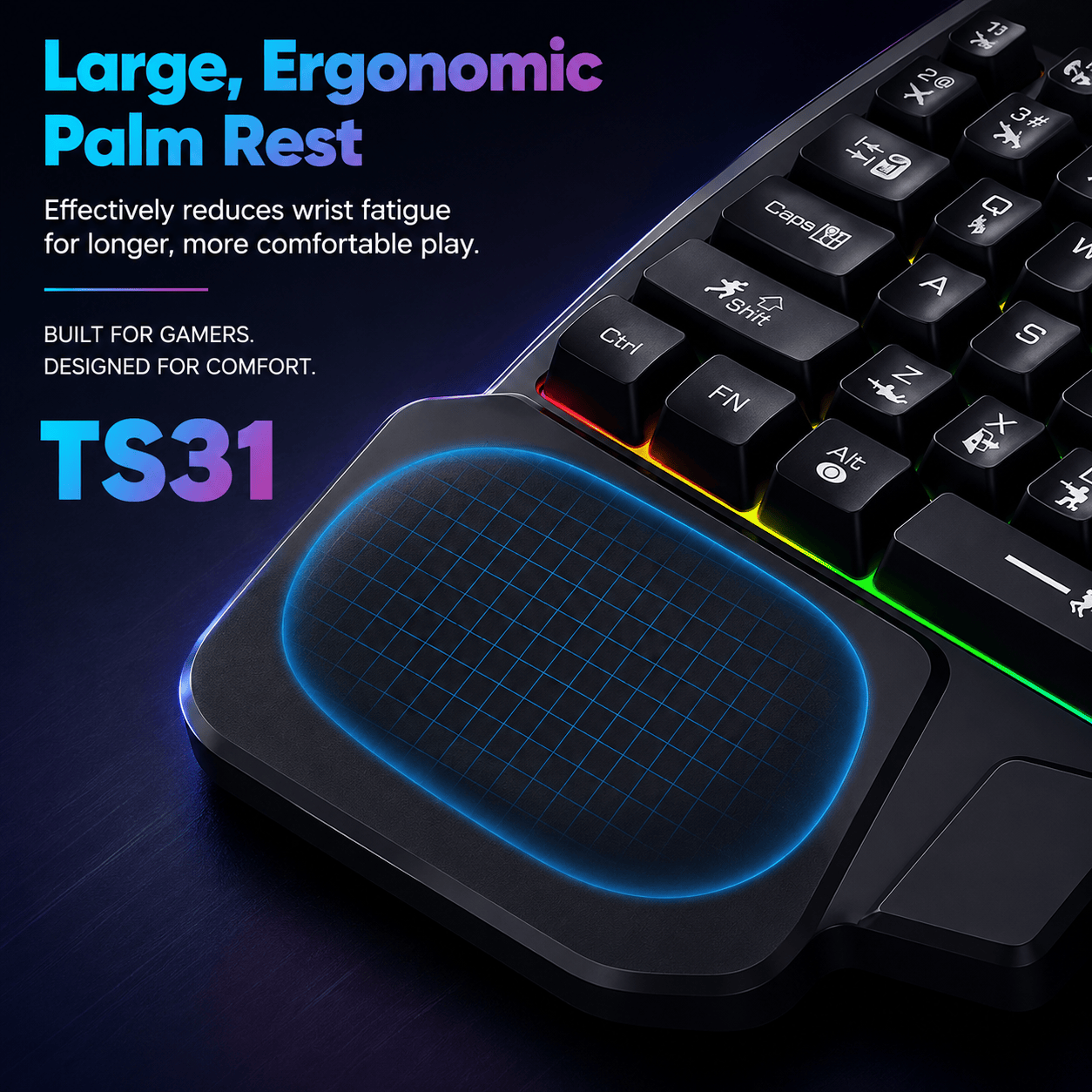Ergonomic Wired Gaming Keyboard - LED Rainbow Backlight, 35-Key | Ultima Series