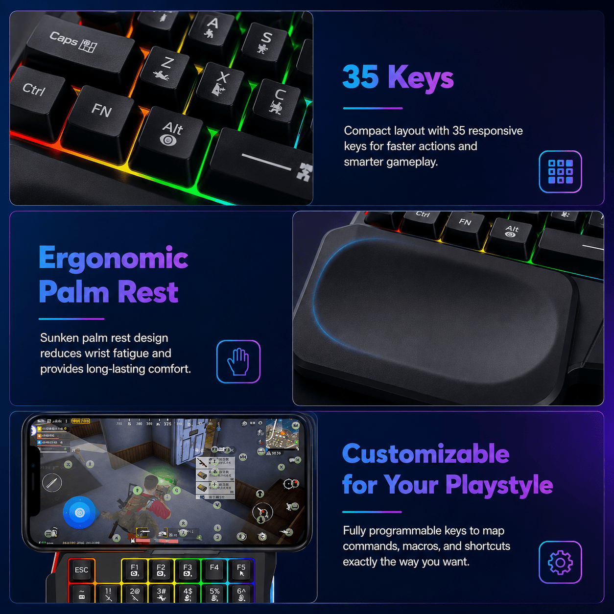 Ergonomic Wired Gaming Keyboard - LED Rainbow Backlight, 35-Key | Ultima Series