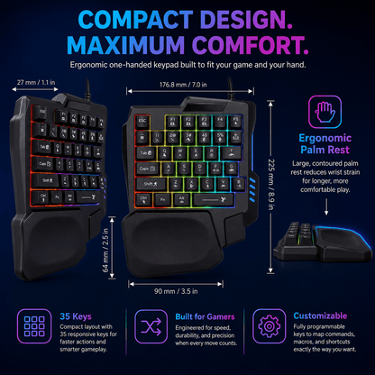 Ergonomic Wired Gaming Keyboard - LED Rainbow Backlight, 35-Key | Ultima Series