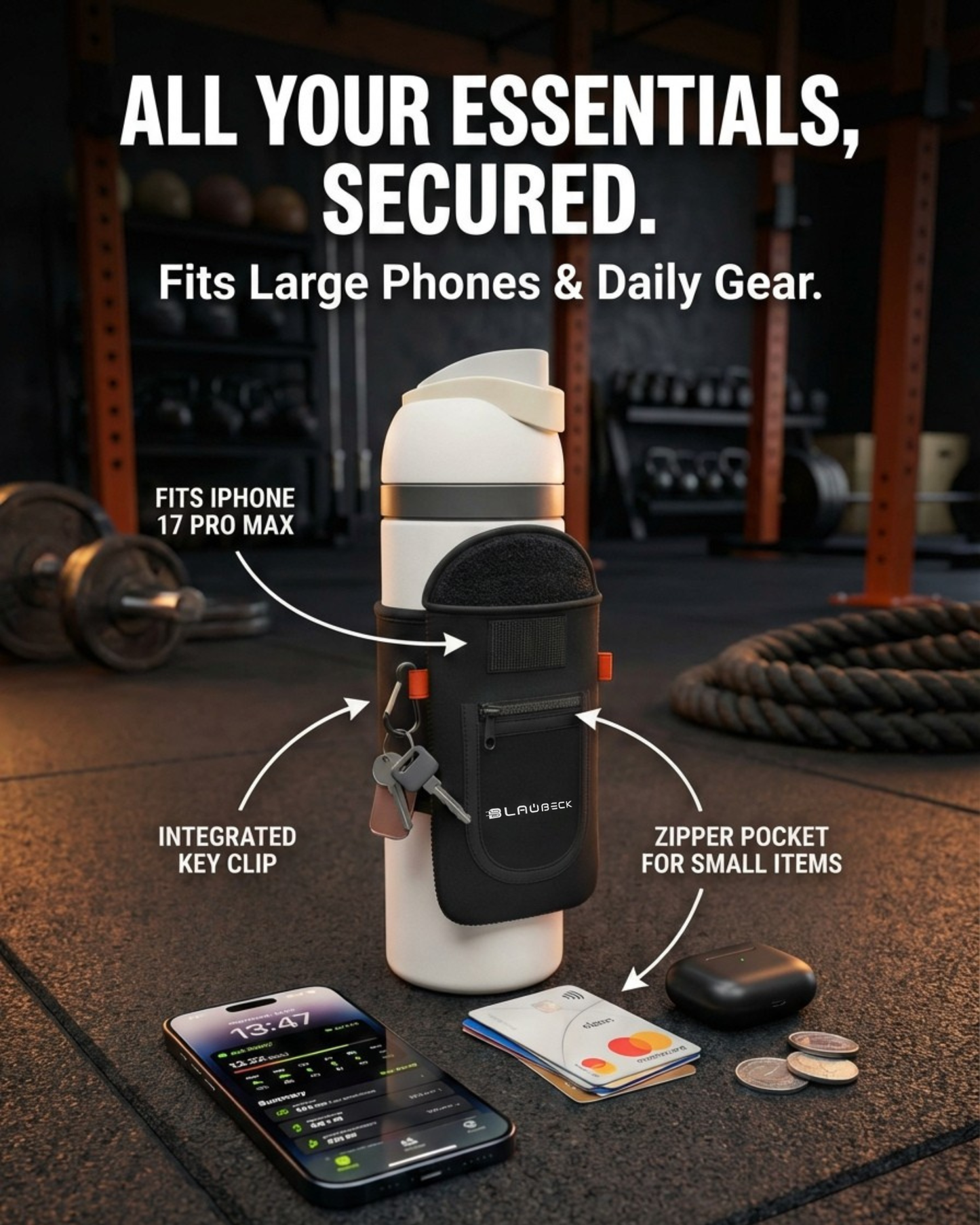 Magnetic Water Bottle Sleeve for Gym | Attaches to Metal Equipment | Fits 18-40oz Bottles | Phone Pocket | BLAUBECK