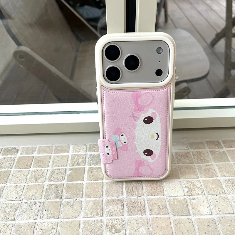 Y2k Cartoon Cute Pink Shy Bow Lamb Leather Phone Case For iPhone