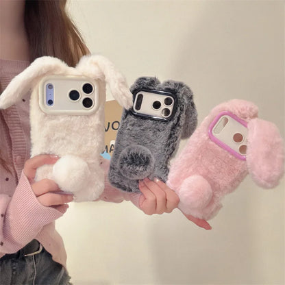 3D Cartoon Solid Colors Rabbit Furry Plush Phone Case For iPhone