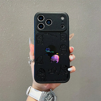 Anime Cartoon Crayon Shin-chan Butt Emboss Leather Texture Laser Phone Case For iPhone