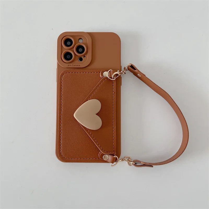 Heart Card Holder Crossbody Lanyard Leather Texture Phone Case For iPhone