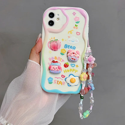 Cute 3D Pig Bracelet Wrist Chain Lanyard Clear Soft Phone Case For iPhone