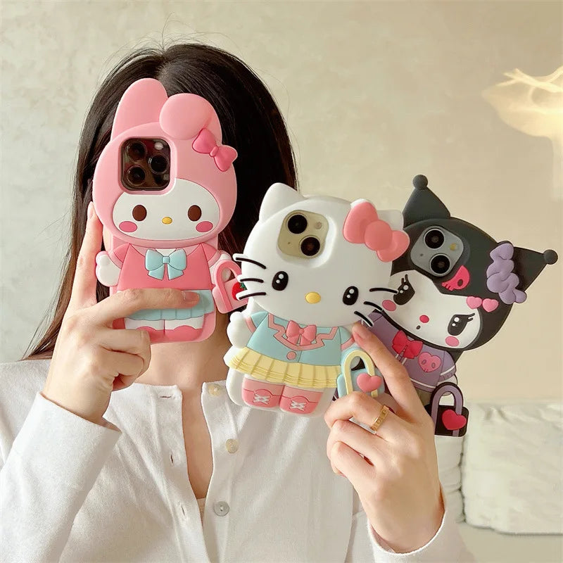 3D Cartoon Kuromi Hello Kitty Melody Handbag Silicone Phone Case For iPhone