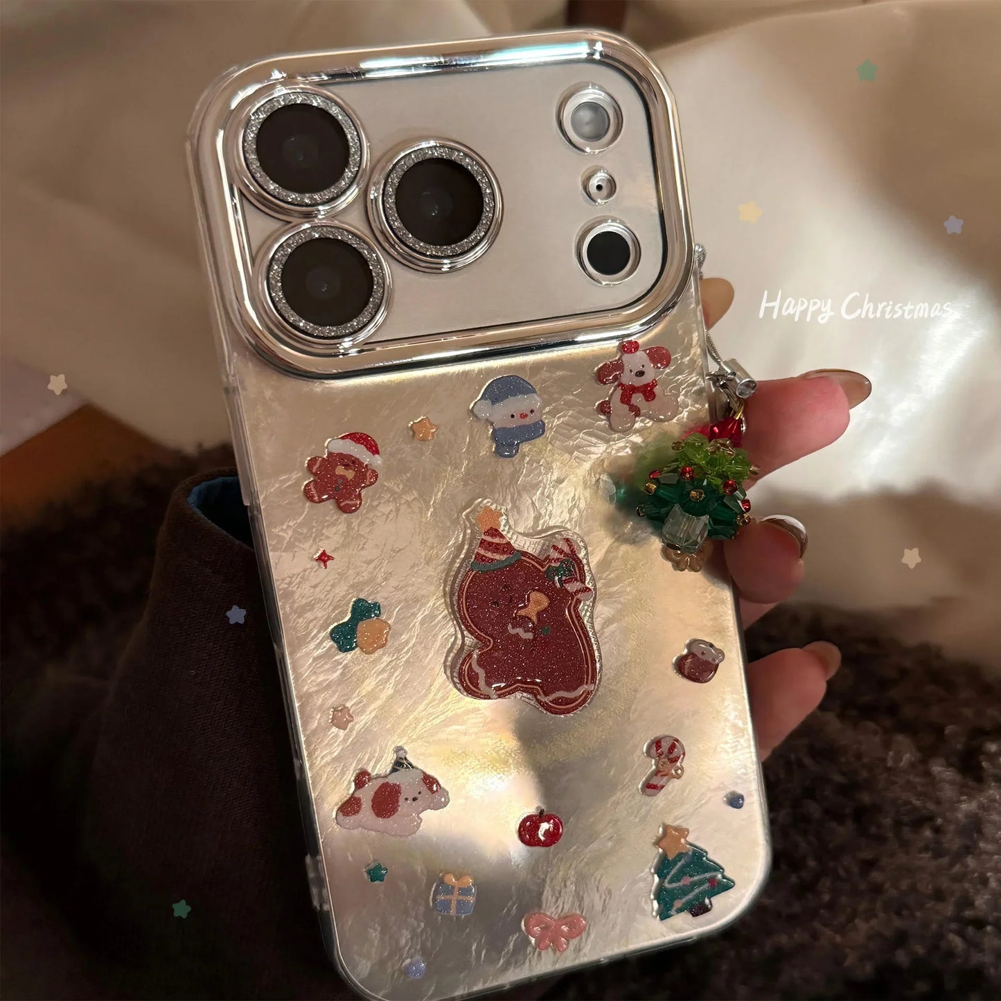 3D Cartoon Gingerbread Man Christmas Tree Pendant Phone Case For iPhone