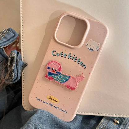 Korean Pink Splashed Ink 3D Cute Cartoon Embroidery Kitten Soft Phone Case For iPhone