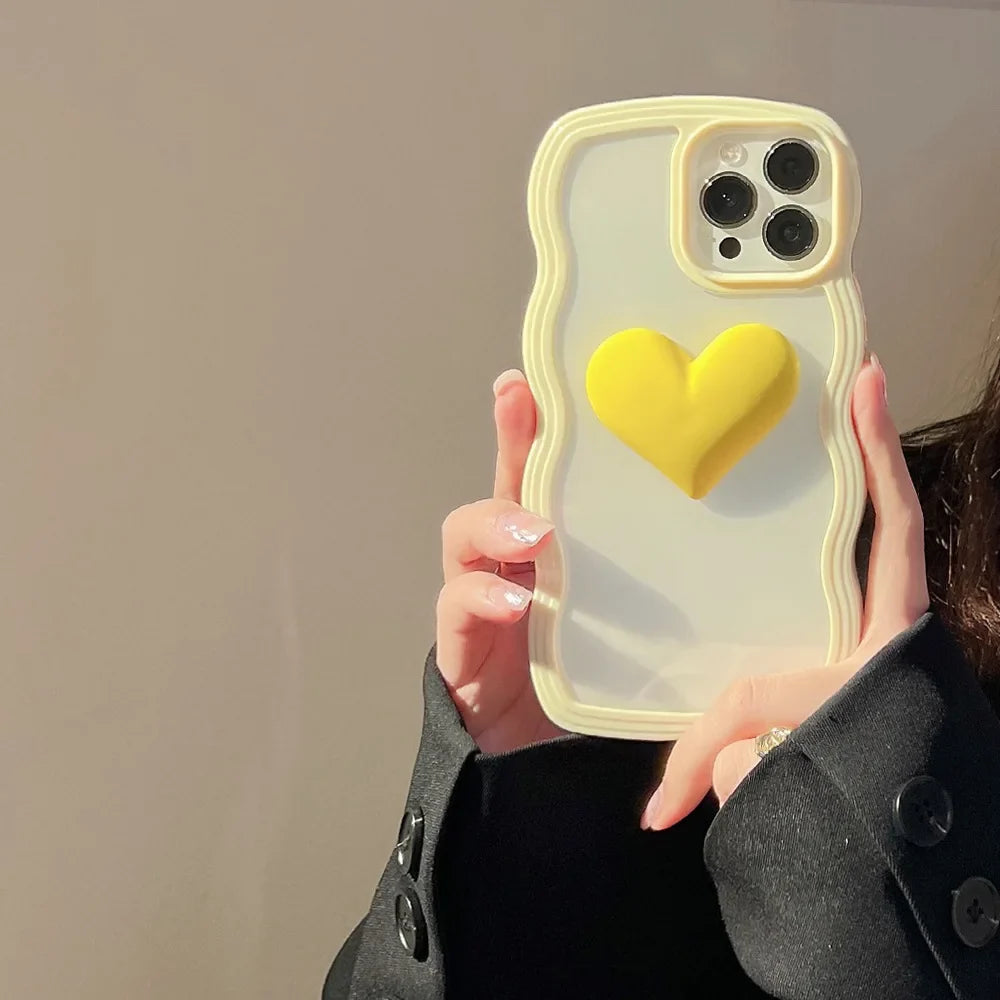 Fashion Transparent Curly Wave 3D Love Heart Phone Case For iPhone