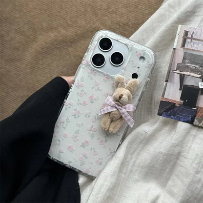 Korean Cute Flower 3D Plush Rabbit Phone Case For iPhone