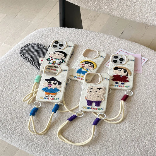 Cute Crayon Shin-chan Embroidered Leather Texture Phone Case For iPhone