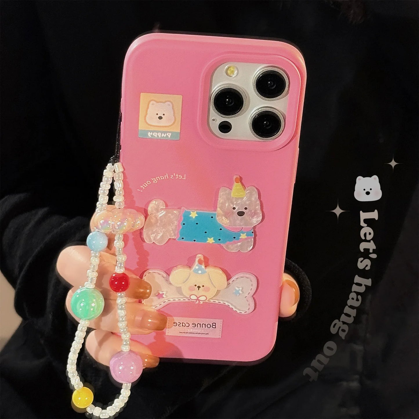 Korean Cute Dog Sticker Pink Bracelet Pendant Phone Case For iPhone