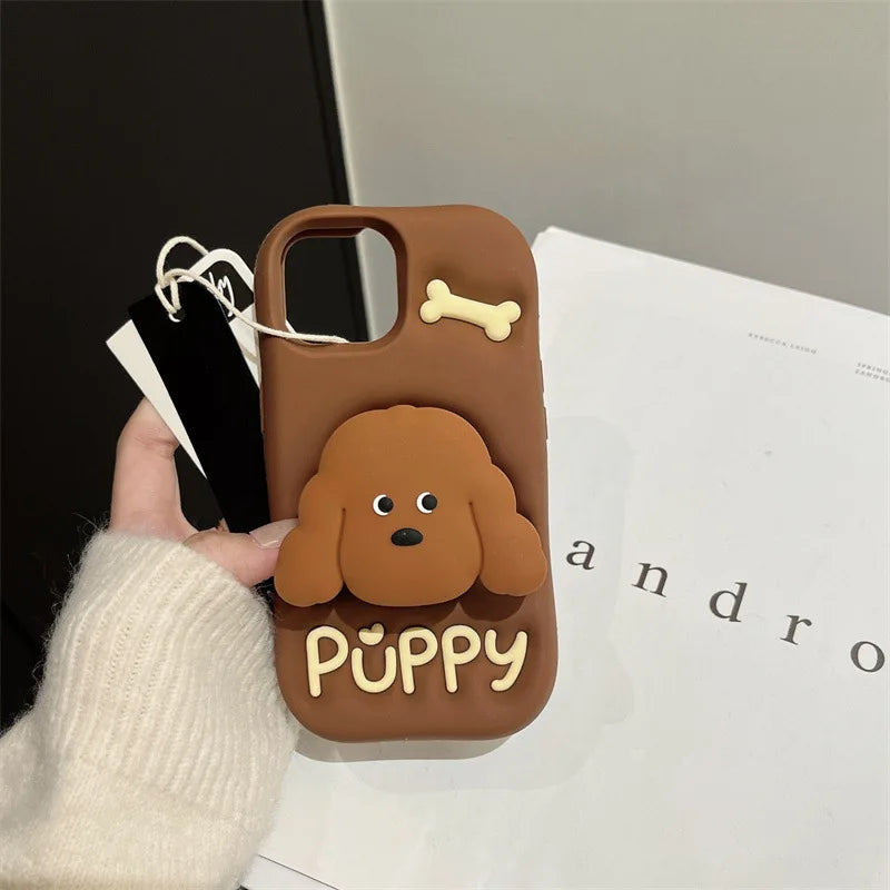 Cute Cartoon Teddy Puppy Silicone Telescopic Bracket Phone Case For iPhone
