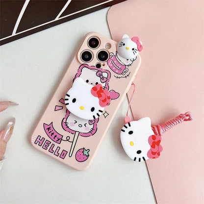3D Cute Cartoon Hello Kitty Phone Case With Bracket Lanyard For iPhone