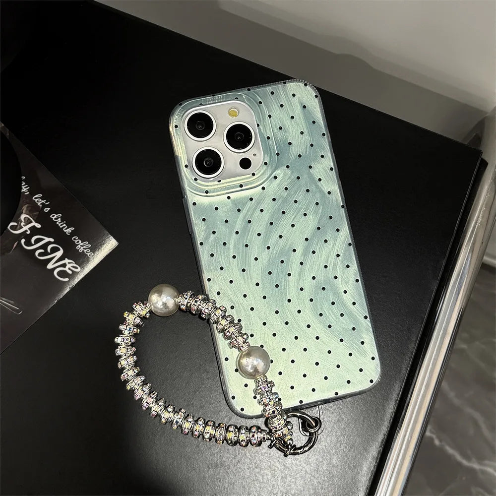 Y2K Green Polka Dot Beaded Bracelet Phone Case For iPhone