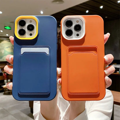 3 in 1 Card Holder Wallet Solid Color Skin Feel Phone Case For iPhone