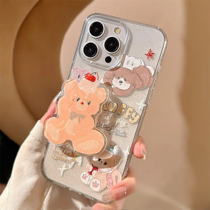 Korean Cute Cartoon Animals Bear Bracket Phone Case For iPhone
