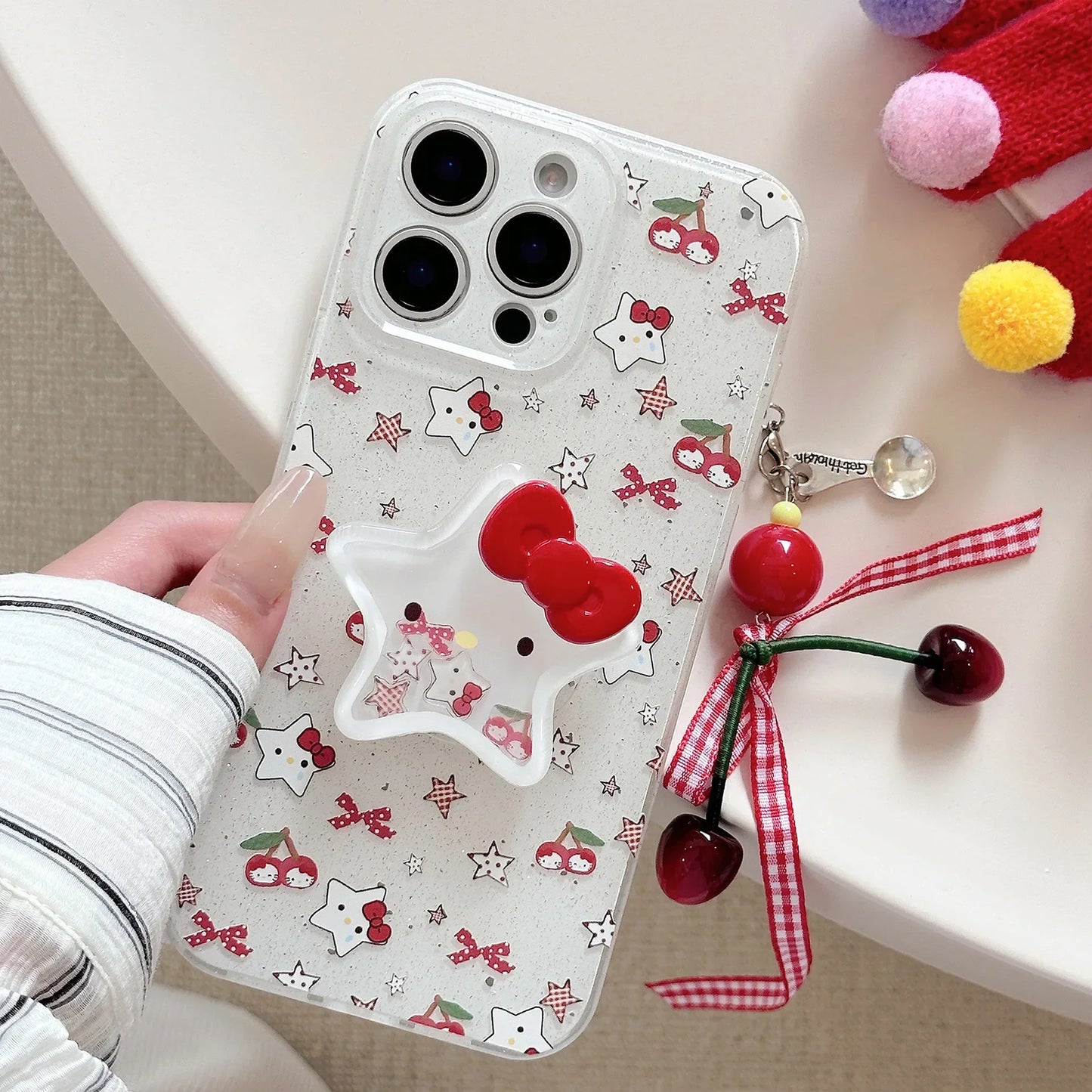 Korean Glitter Cute Cartoon Hello Kitty Quicksand Grip Tok Holder Phone Case For iPhone