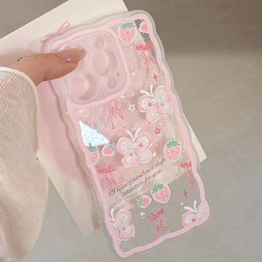 Korean Strawberry Butterfly Graffiti Wavy Phone Case For iPhone