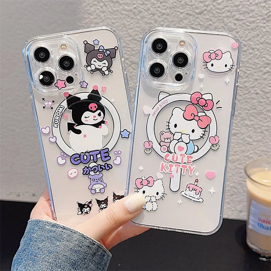 Korean Cartoon Hello Kitty Kuromi Bracket Magnetic Phone Case For iPhone