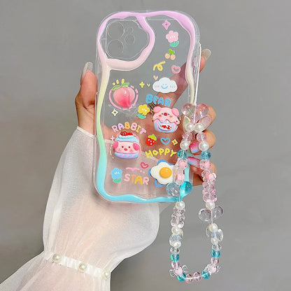 Cute 3D Pig Bracelet Wrist Chain Lanyard Clear Soft Phone Case For iPhone