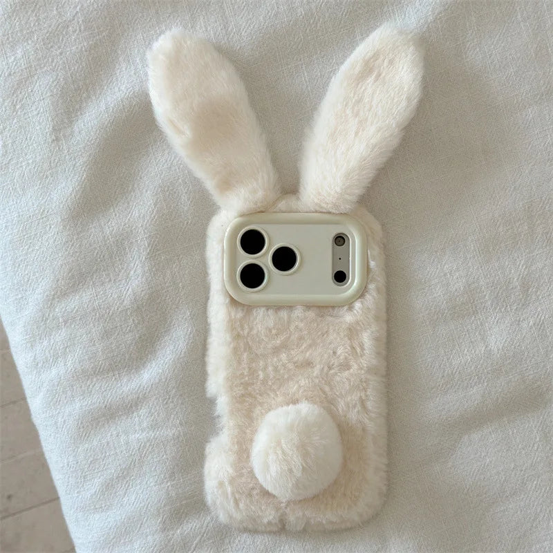 3D Cartoon Solid Colors Rabbit Furry Plush Phone Case For iPhone
